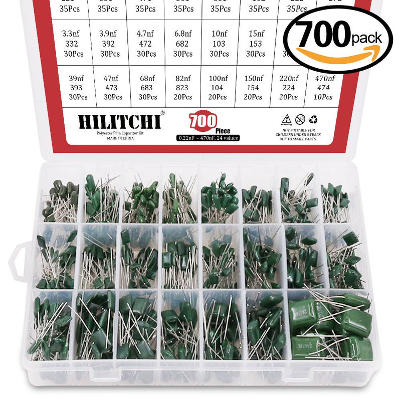 [AUSTRALIA] - Hilitchi 700Pcs 24-Value Mylar Polyester Film Capacitor Assortment Kit - 0.22NF to 470NF / 100V Green-Mylar Capacitors