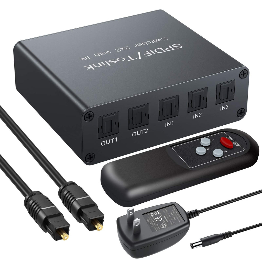  [AUSTRALIA] - eSynic 3X2 Optical Switcher Splitter, Optical Audio Splitter 3 in 2 Out Aluminum Alloy 3 Port Optical Switch, 2 Way Digital Audio Splitter with IR Remote/Power Adapter Support PCM2.0 5.1CH DTS AC3