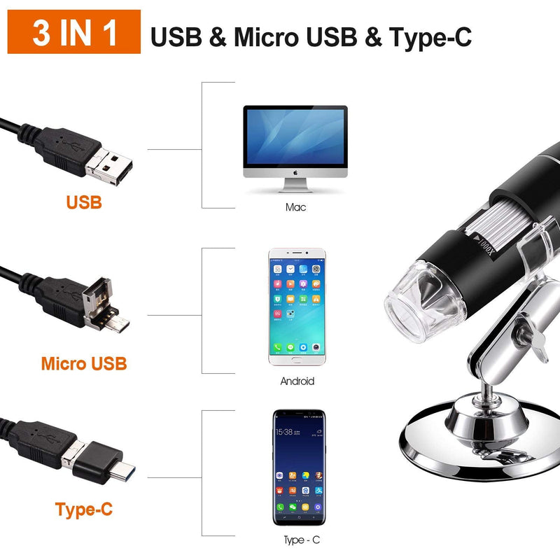  [AUSTRALIA] - USB Digital Microscope 40X to 1000X, Bysameyee 8 LED Magnification Endoscope Camera with Carry Case and Metal Stand Compatible for Android Windows 7 8 10 Linux Mac