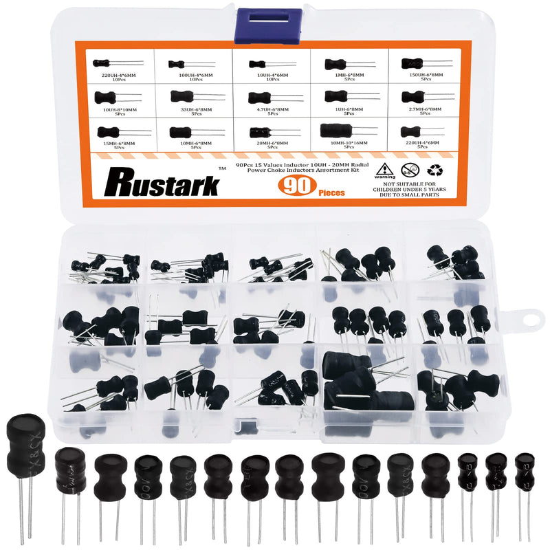  [AUSTRALIA] - Rustark 90Pcs Choke Coils Inductors Assortment Kit 15 Values 1uH to 220uH 1mH to 20mH Dip Radial Power Inductors Assortment High Self-Resonance Frequency 90
