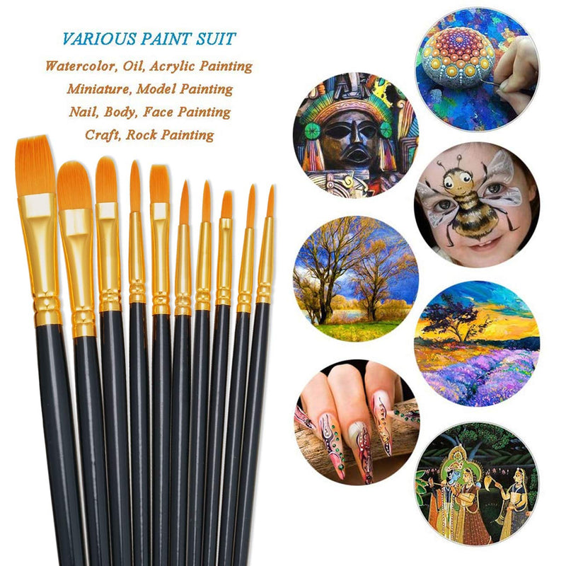  [AUSTRALIA] - BOSOBO Paint Brushes Set, 10 Pieces Round Pointed Tip Paintbrushes Nylon Hair Artist Acrylic Paint Brushes for Acrylic Oil Watercolor, Face Nail Body Art, Miniature Detailing & Rock Painting, Black