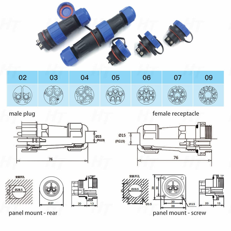  [AUSTRALIA] - HangTon TY28 6 Pin 25A Screw Crimp Waterproof Connector Plug Socket Bulkhead Head Quick Disconnect for Outdoor Electrical Power Devices Screw Mount