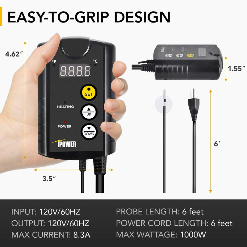  [AUSTRALIA] - iPower GLHTMTCONTROL-A Digital Heat Mat Thermostat Controller for Seed Germination, Rooting Fermentation, Reptiles and Brewing, 40 – 108 Degree Fahrenheit, 1000W, Black