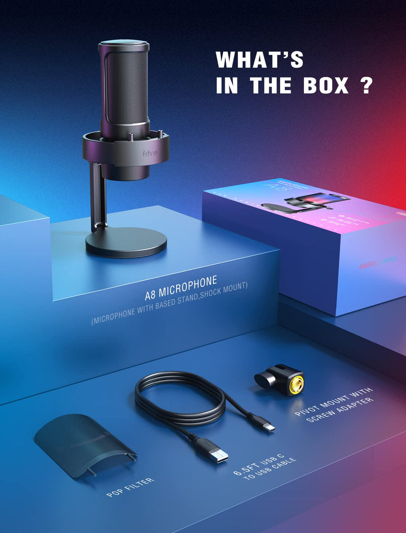  [AUSTRALIA] - FIFINE AmpliGame Computer Microphone with RGB Control, Mute Touch, Headphone Jack, Pop Filter, Stand for Gaming Streaming (A8+U1)