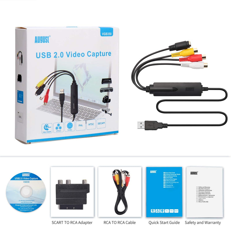  [AUSTRALIA] - VHS to Digital Video Capture - August VGB350 - VCR to DVD Converter Transfer VHS Home Videos to PC USB Capture Card Grabber for Windows