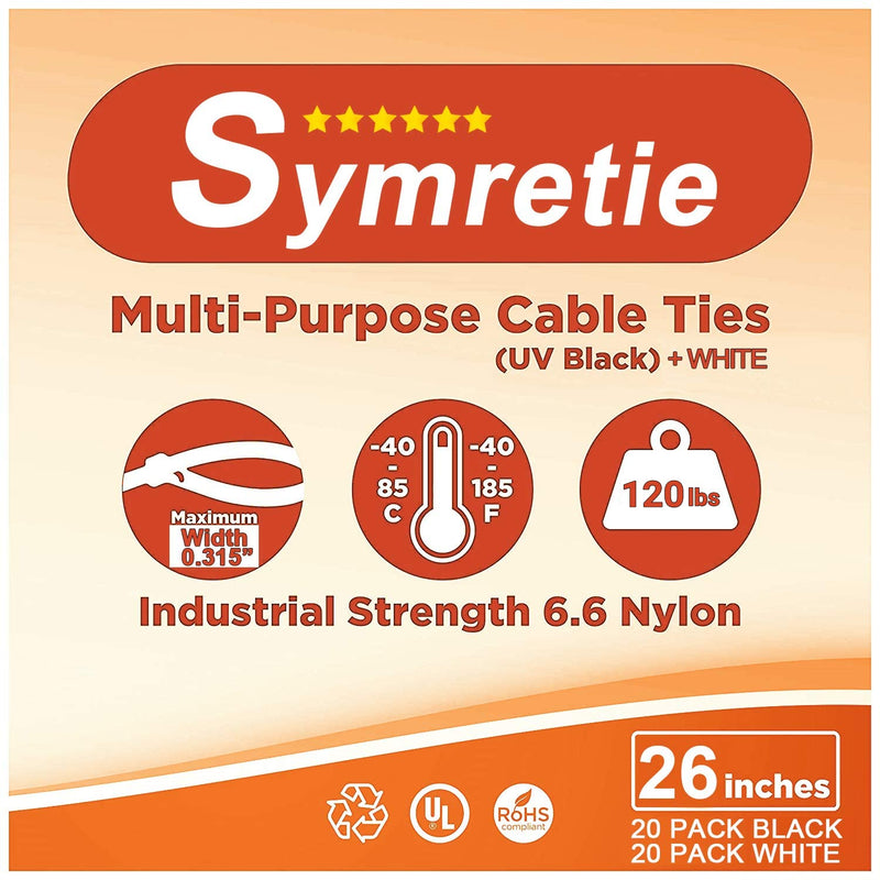  [AUSTRALIA] - Cable Zip Ties Heavy Duty 26 Inch, Large Durable Adjustable Nylon Wire Ties,Tensile Strength 120 Pounds for Indoor and Outdoor UV Resistant, Plastic Tie Wraps Black & White (40 Pack) Zip Ties 26"