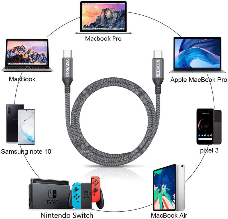  [AUSTRALIA] - 2 Pack USB-C to USB-C 100W Cable 10ft, AkoaDa USB C Braided Fast Charging Cable for MacBook Pro 2020/2019/2018, iPad Pro 2020/2019/2018, Samsung Galaxy S21, Dell XPS 13/15And USB-C Laptops(Grey)