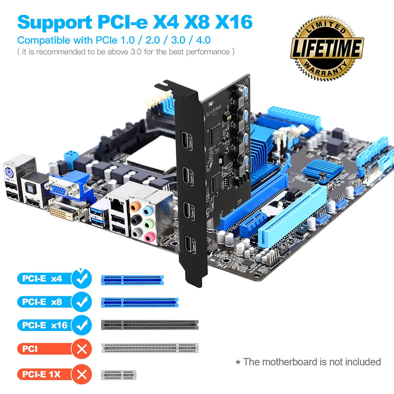  [AUSTRALIA] - PCIe Gen3 x2 USB 3.2 / 3.1 Card ASM3142- PCI Express to 4-Port Type C HUB Internal Expansion Card Controller Adapter PCI Express Card Desktop PC Support Multiple INs