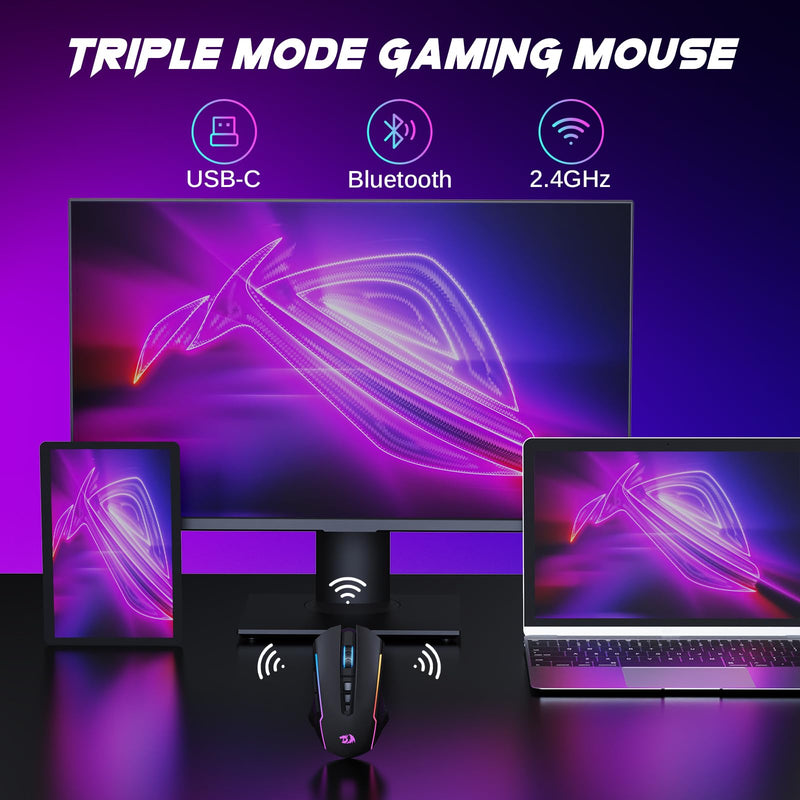  [AUSTRALIA] - Redragon Wireless Gaming Mouse, Tri-Mode 2.4G/USB-C/Bluetooth Mouse Gaming, 10000 DPI, RGB Backlit, Fully Programmable, Rechargeable Wireless Computer Mouse for Laptop PC Mac, Black US Layout