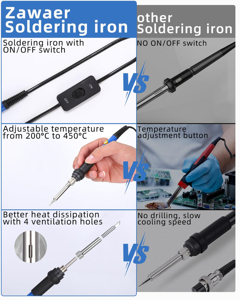  [AUSTRALIA] - Zawaer soldering iron set, soldering iron 16 in 1 soldering set 60W soldering station with temperature adjustable 200-450°C, 5 soldering tips, desoldering pump, solder, tweezers, soldering set for electrical work and household use.