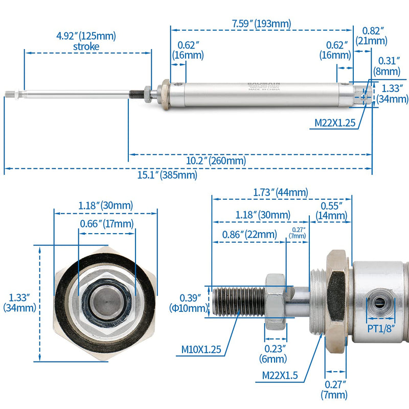  [AUSTRALIA] - Baomain Mini Pneumatic Air Cylinder MAL 25 X 125 Single Male Thread Rod Dual Action 25mm(1 inch) Bore 125mm(5 inch) Stroke