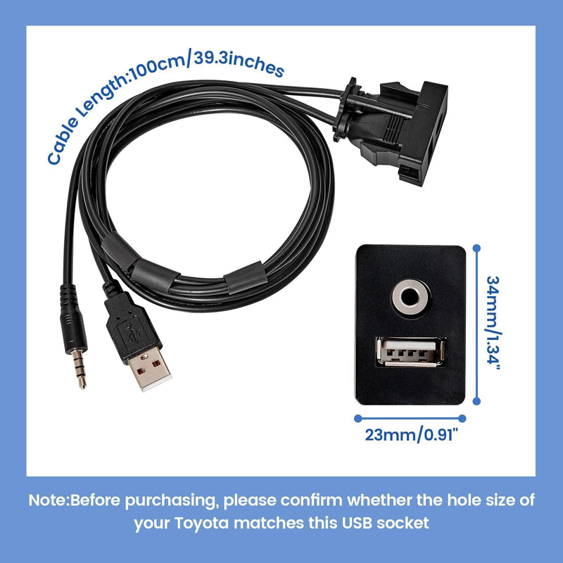  [AUSTRALIA] - Anina USB AUX Flush Mount for Toyota, 1M Male to Female Car Dash 3.5mm AUX Extension Cable, Square Port USB Panel Mount Socket Adapter, 12V-30V Panel Mounting Cable for Audio Output & Charging