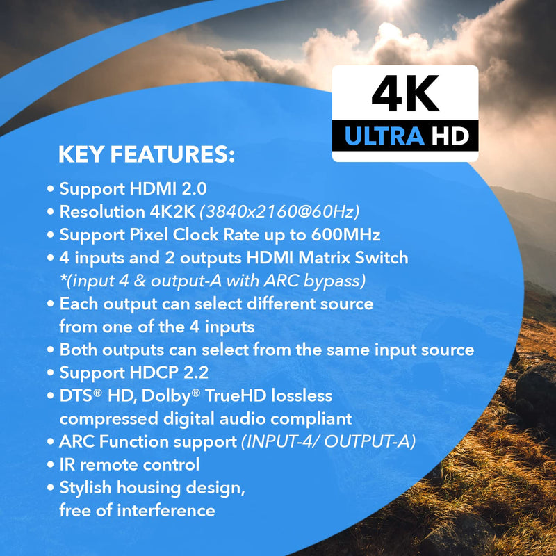  [AUSTRALIA] - OREI 4K HDMI Matrix Switch 4 X 2, Switcher 18G UltraHD with Arc Supports upto 4K @ 60Hz & 1080P IR Remote Control - Full Matrix Selection (UHD-402) 4X2 W/ ARC 4K@60HZ Matrix Audio