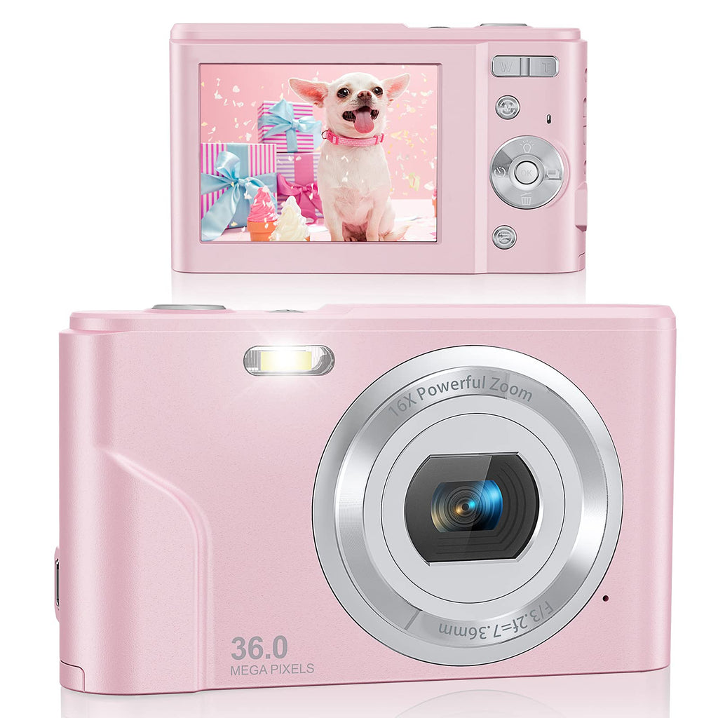  [AUSTRALIA] - Video Camera, FHD 36.0 Mega Pixels Vlogging Camera with 16X Digital Zoom, LCD Screen, Compact Portable Digital Cameras with Battery Charger 32GB SD Card(Pink)