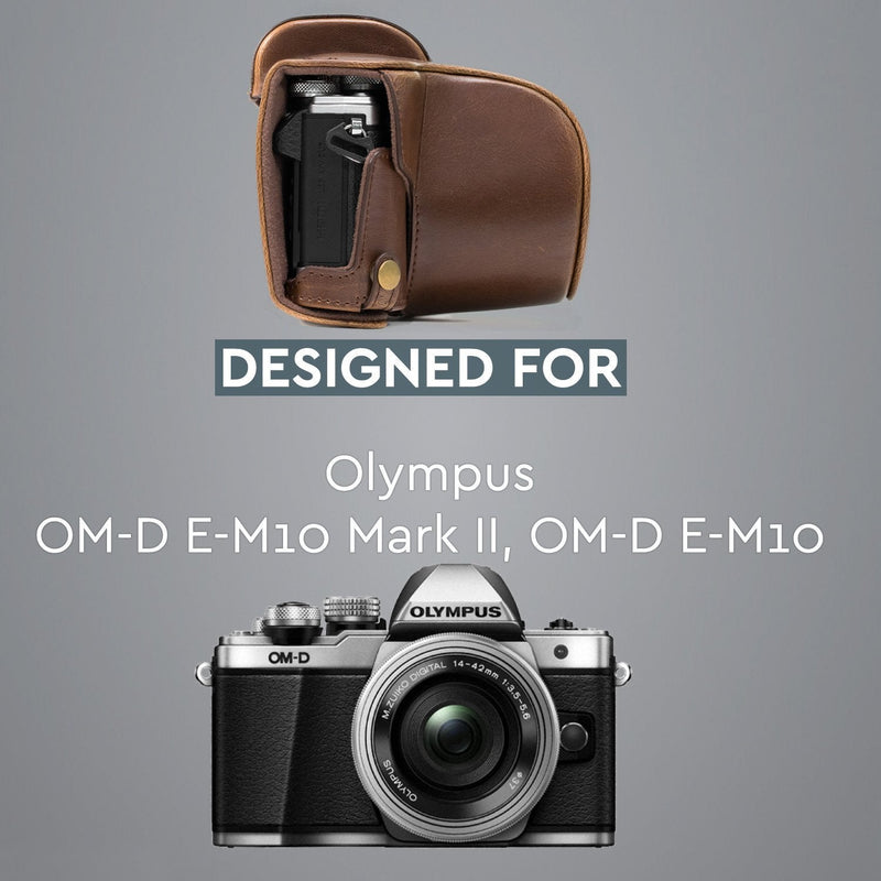  [AUSTRALIA] - MegaGear Ever Ready Leather Camera Case Compatible with Olympus OM-D E-M10 Mark II, E-M10 (14-42mm) Dark Brown