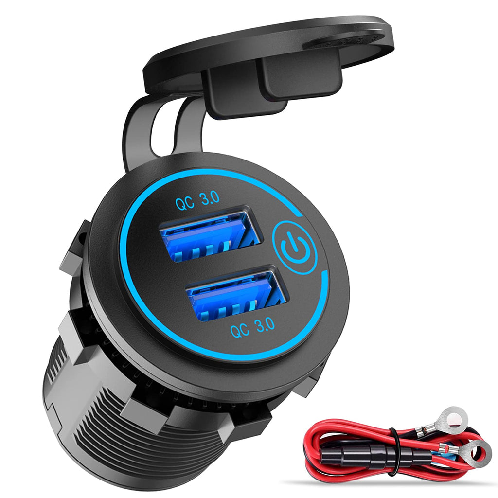  [AUSTRALIA] - Quick Charge 3.0 Dual USB Charger Socket, Qidoe Waterproof 12V USB Outlet 36W Dual QC3.0 USB Power Socket with Touch Switch DIY Car USB Port for Car Boat Marine RV Motorcycle Bus Truck Golf Cart etc Blue