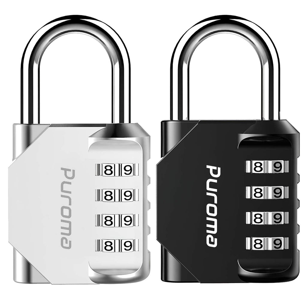  [AUSTRALIA] - Puroma 2 Pack 4 Digit Combination Locks Outdoor Waterproof Padlock for School Gym Locker, Hasp Cabinet, Gate, Fence, Toolbox (Silver & Black)