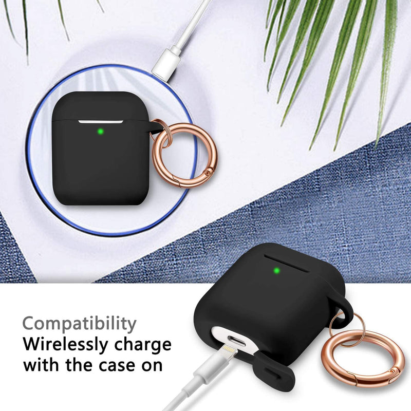  [AUSTRALIA] - R-fun AirPods Case Cover with Rosegold Keychain, Silicone Protective Skin Cover for Women Girl with Apple AirPods Series 2 & Series 1 Charging Case,Front LED Visible-Black Black