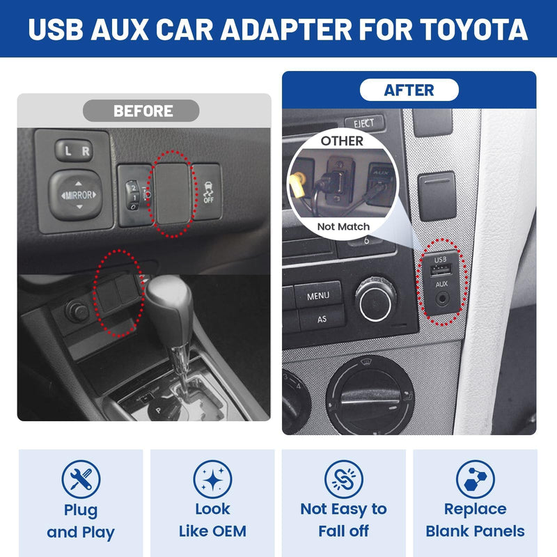  [AUSTRALIA] - Anina USB AUX Flush Mount for Toyota, 1M Male to Female Car Dash 3.5mm AUX Extension Cable, Square Port USB Panel Mount Socket Adapter, 12V-30V Panel Mounting Cable for Audio Output & Charging