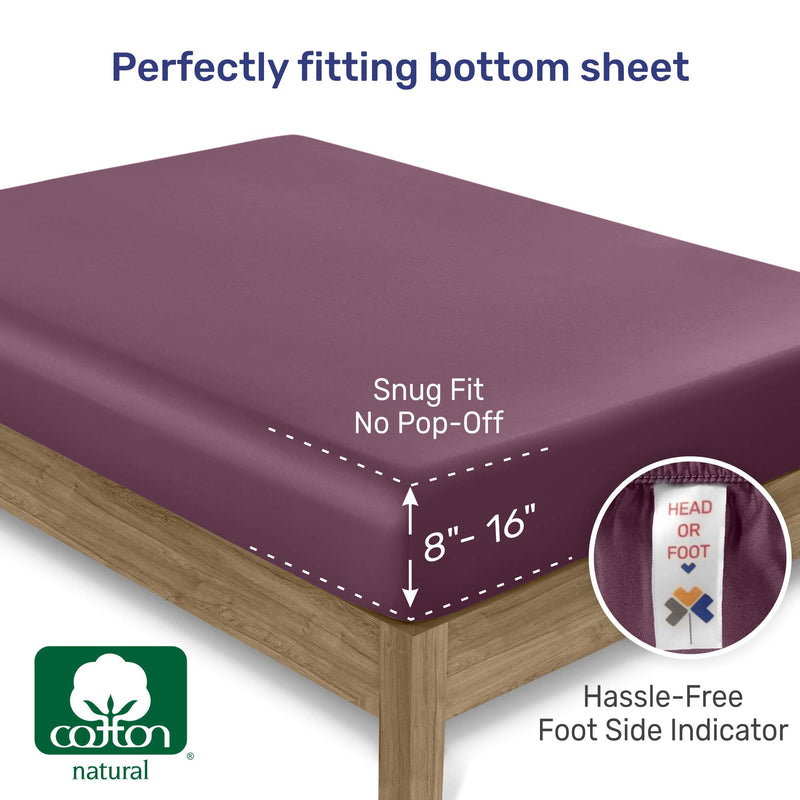  [AUSTRALIA] - 400-Thread-Count Twin XL Bottom Sheet - 1 Piece Natural Cotton Soft Plum Fitted Sheet Only, Breathable Sateen Weave, Elasticized Deep Pocket Fits Low Profile Foam and Tall Mattresses