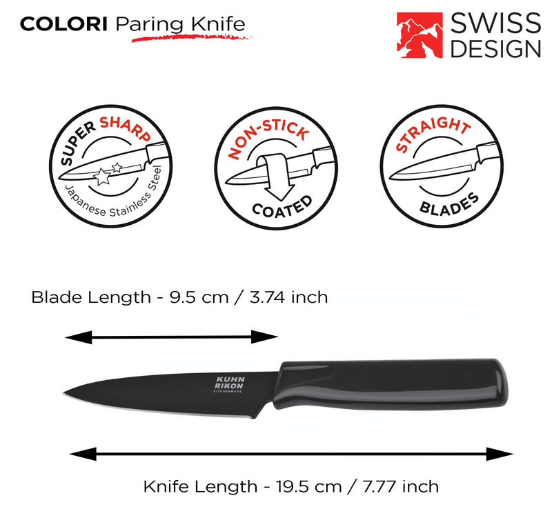 Kuhn Rikon Straight Paring Knife with Safety Sheath, 4 inch/10.16 cm Blade, Black - LeoForward Australia