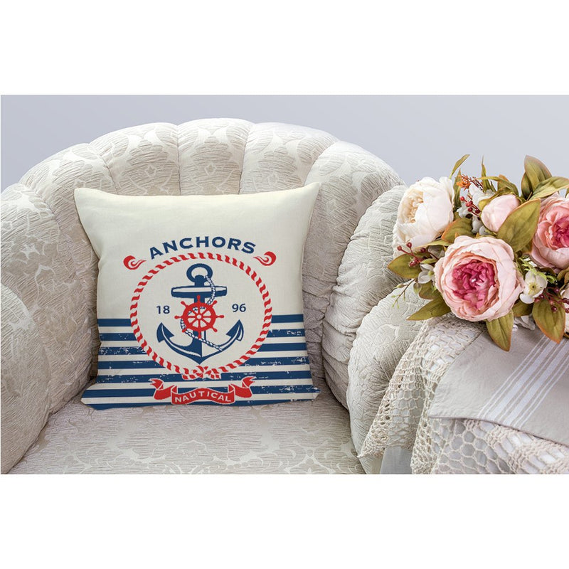 [AUSTRALIA] - Anchor Pillow Case,Vintage Retro Nautical Sailing Anchor Ring with Aztec Stripe Cotton Linen Cushion Cover Square Standard Decorative Throw Pillow for Men/Women 18x18 inch White Navy Blue Red Color 01