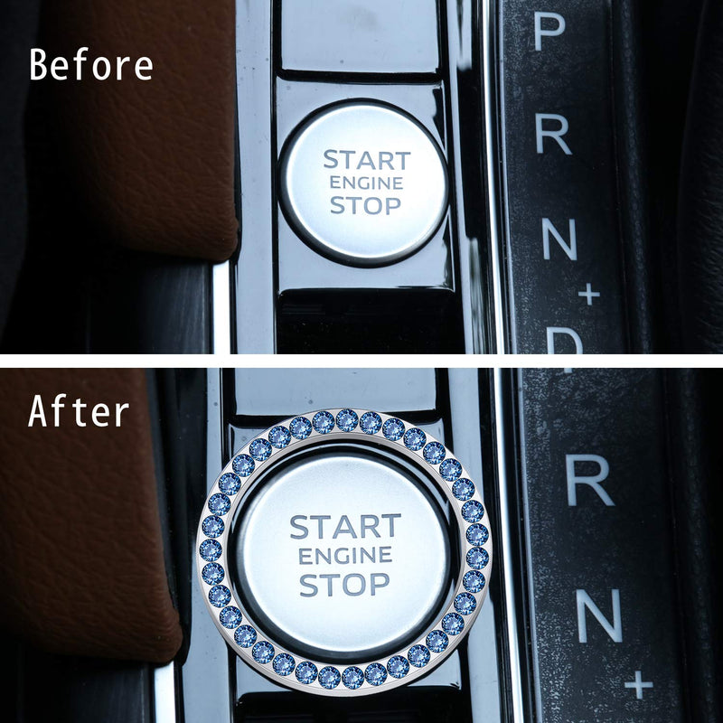  [AUSTRALIA] - LivTee 2 PCS Crystal Rhinestone Car Engine Start Stop Decoration Ring, Bling car Accessories, Push to Start Button, Key Ignition & Knob Bling Ring, Blue