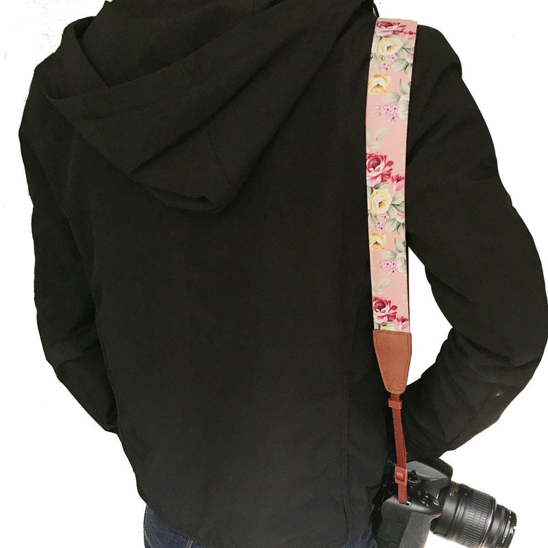  [AUSTRALIA] - Camera Strap Neck, Adjustable Vintage Floral PInk Camera Straps Shoulder Belt for Women /Men,Camera Strap for Nikon / Canon / Sony / Olympus / Samsung / Pentax ETC DSLR / SLR Leather pink print