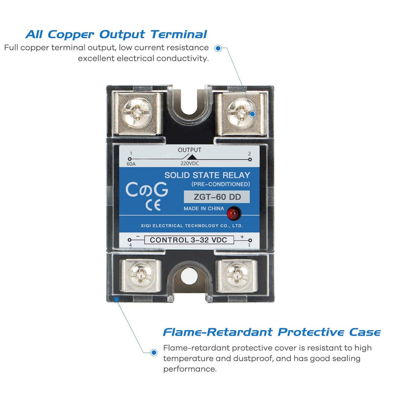  [AUSTRALIA] - CG Solid State Relay SSR-60DD DC to DC Input 3-32VDC to Output 5-240VDC 60A Single Phase Plastic Cover… DC to DC 60A