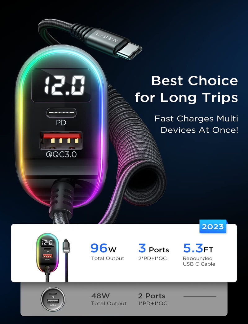  [AUSTRALIA] - LISEN 96W Super Fast Car Charger Type C, Car Charger USB C PD 30W & QC 30W with 5.3ft 36W Type C Coiled Cable,Car Charger Adapter for Samsung Galaxy S23/S22/S21,iPad Pro Black