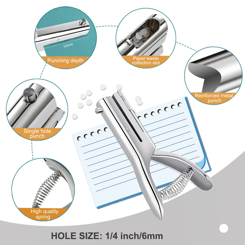  [AUSTRALIA] - Single Hole Punch 2 Inch Reach Deep Throat Heavy Duty Hole Punch Tab Zinc Alloy Silver Long Hole Punch 1/4 Inch Hole Hand Held Leather Hole Punch for Scrapbook Tab Paper ID Card PVC Card Badge Photos 1/4"- 6mm Hole