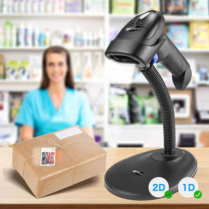  [AUSTRALIA] - Wireless 1D 2D Barcode Scanner with Stand, NetumScan Portable Automatic QR Code Scanner Supports Screen Scan Handheld CMOS Image Bar Code Reader with USB Receiver for Warehouse POS and Computer 1D & 2D Barcode Scanner