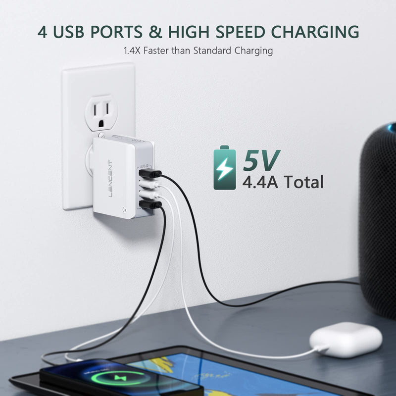  [AUSTRALIA] - Multiple USB Wall Charger, [22W/4.4A] LENCENT 4 Port USB Travel Power Adapter, All in One Worldwide Cell Phone Charger With UK US EU European Australia, International Block Cube Plug for iPhone & IPad