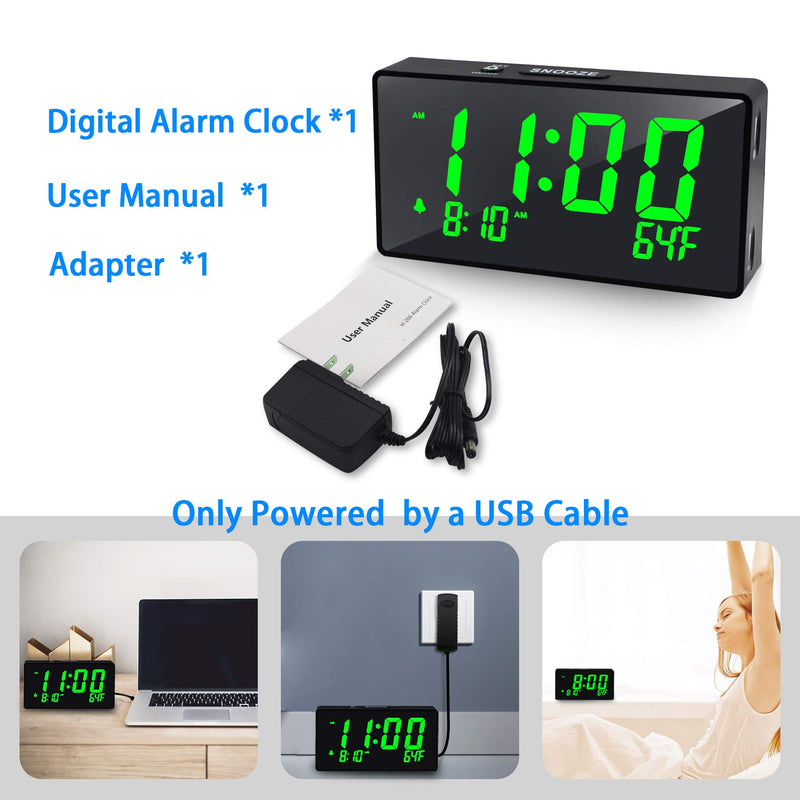 BOCTOP Desk Digital Alarm Clock, Large Numbers Green 6" LED Display, with USB Port for Charging, 0-100% Brightness Dimmer, Temperature, Snooze , Adjustable Alarm Volume，Small Bedside Clocks. Green Digit - LeoForward Australia