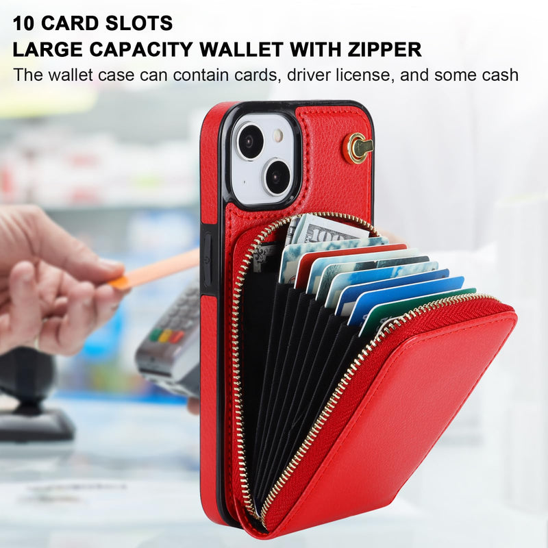  [AUSTRALIA] - KIHUWEY Crossbody Wallet Case for iPhone 13 iPhone 14, Zipper Pocket Case with Card Holder, PU Leather RFID Blocking Protective Cover Case with Kickstand Detachable Wrist Strap Lanyard 6.1" (Red) Red