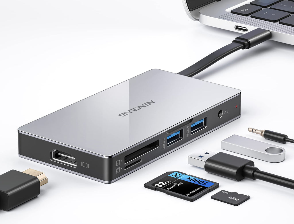 [AUSTRALIA] - BYEASY 7 in 1 USB C Hub, 4K HDMI Adapter, USB C 100W PD Output, USB 3.0*2, SD/Micro SD Reader, 3.5mm Audio Compatible with Laptop, MacBook, Surface, iPad Air Pro and Other Type C Devices.