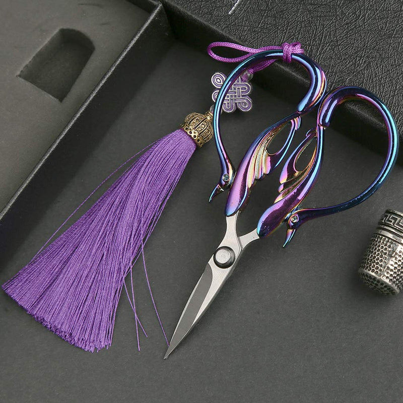  [AUSTRALIA] - Kogyxe 4 inch Embroidery Scissors, Vintage Sewing Shears, Sharp Professional Stainless Steel Cross Stitch Scissors, Swan Birds Scissors with Tassel for Embroidery, Sewing, Craft, Art Work(Colorful)