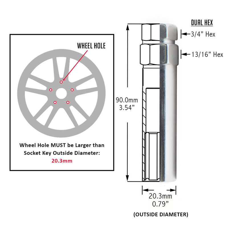 Wheel Accessories Parts Chrome 6 Point Spline Drive Tuner Socket Key Tool for 6 Spline Lug Nut. 16.2mm Inner Diameter- Dual Hex Key with 19mm (3/4) and 21mm (13/16) - LeoForward Australia