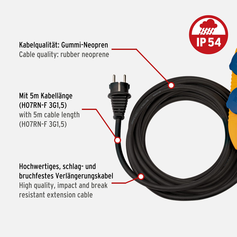  [AUSTRALIA] - Brennenstuhl construction site cable IP54 with power block (4-way extension for outside, outdoor distributor with 5m cable) single