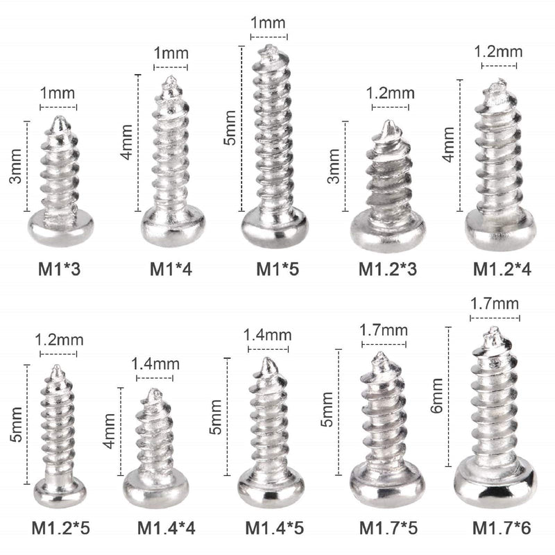  [AUSTRALIA] - 1000Pcs Mini Screw kit M1 M1.2 M1.4 M1.7 Phillips pan Head Micro Screws Self-Tapping Electronic Small Metric Screw PA Nickel-Plated Silver