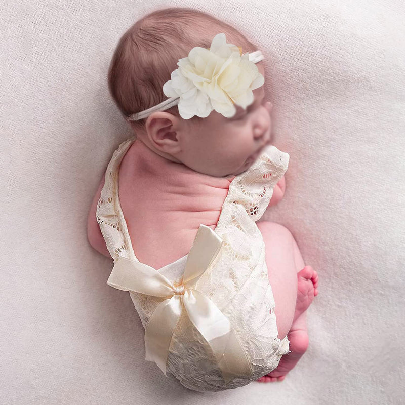  [AUSTRALIA] - Newborn Lace Rompers Baby Girl Photography Props Outfits Newborn Rompers with Ribbon Bow Baby Photo Props Lace Romper Newborn Baby Photo Props Outfits with Flower Headband Beige