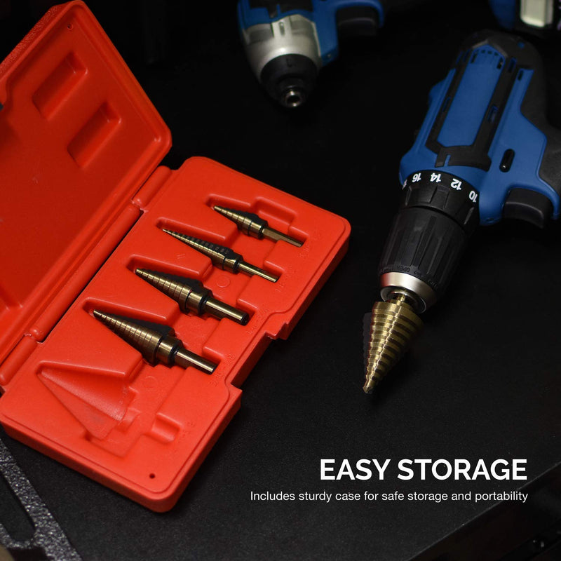  [AUSTRALIA] - NEIKO 10197A Step Drill Bit Set | 5 Piece, 50 SAE Sizes Total, 1/8” – 1-3/8” | Standard Titanium High Speed Steel Unibit, Stepper Cone Drill Bit | Two Flute Step Down Bits 5 Pc SAE Step Bits Punch