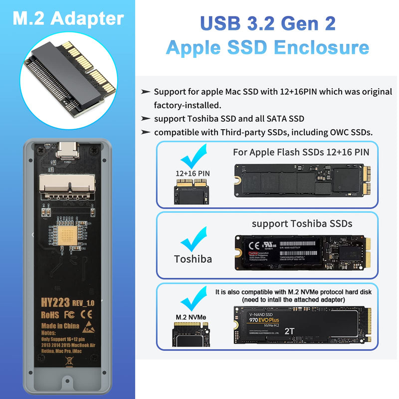  [AUSTRALIA] - USB C 3.2 MacBook SSD Enclosure for 12+16 PIN MacBook Air/Pro SSD, Aluminum M.2 NVMe MacBook Pro Enclosure Adapter Support MacBook Pro,MacBook Air, Mac Pro, iMac from 2013 to 2017 CL-HY-225