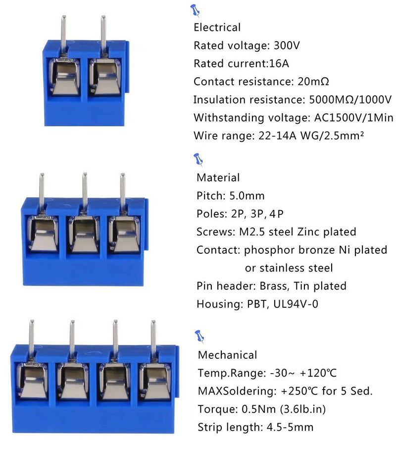  [AUSTRALIA] - beihuazi® PCB screw terminals screw terminal block solderable screw terminal 300V, 16A for Arduino (100 pieces, 5 mm, blue, 2 pin-85, 3 pin-10, 4 pin-5).