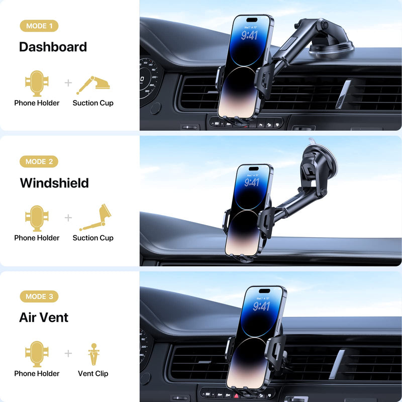  [AUSTRALIA] - LOTUNY Universal Phone Mount for Car, [Military-Grade Reliable Suction] Hands-Free Car Phone Holder Mount, Automobile Cell Phone Holder Car for Dashboard Windshield Vent Fit for All Smartphones Black