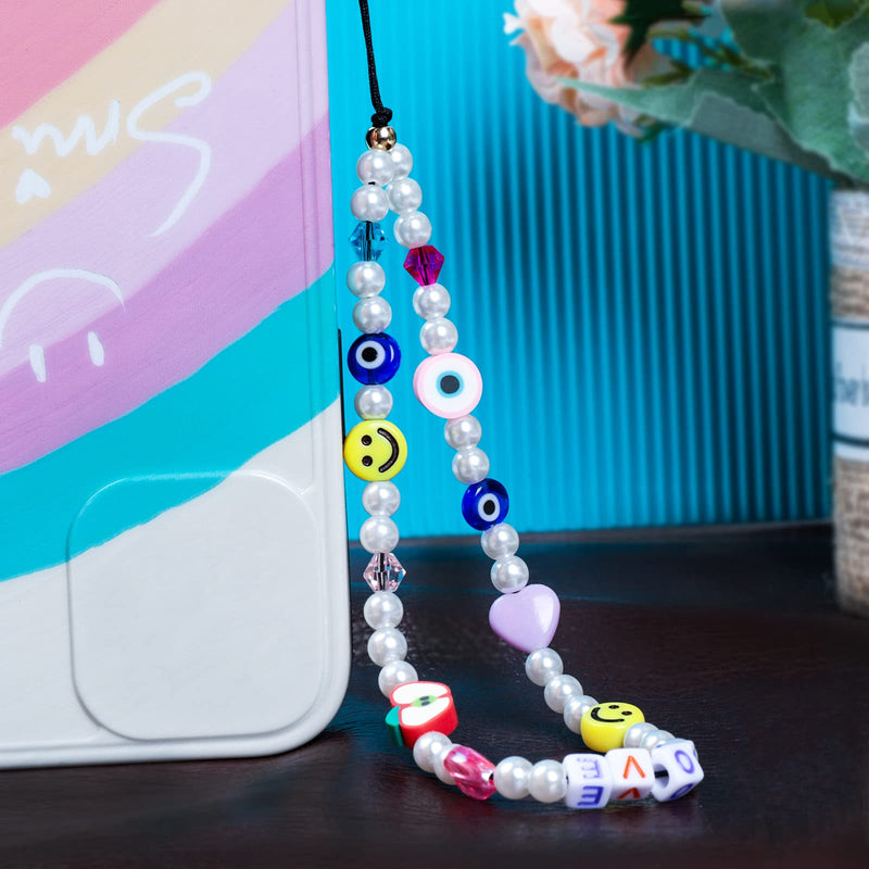  [AUSTRALIA] - 3 Pieces Smiley Face Beaded Phone Lanyard Wrist Strap Fruit Star Letter Pearl Handmade Rainbow Polymer Clay Acrylic Beads Pearl Bracelet Keychain for Women Girls Phone Accessory