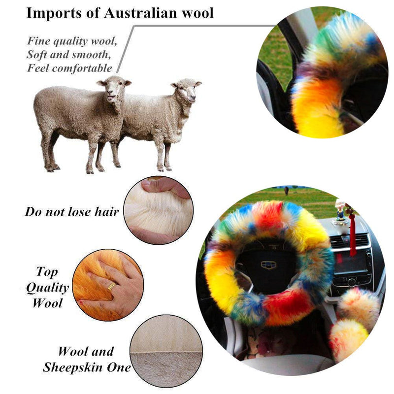  [AUSTRALIA] - Multicolor Fuzzy Steering Wheel Cover Car Accessories Universal Fit Car Steering Wheel Gear Shift Cover Handbrake Cover (Colorful) Colorful