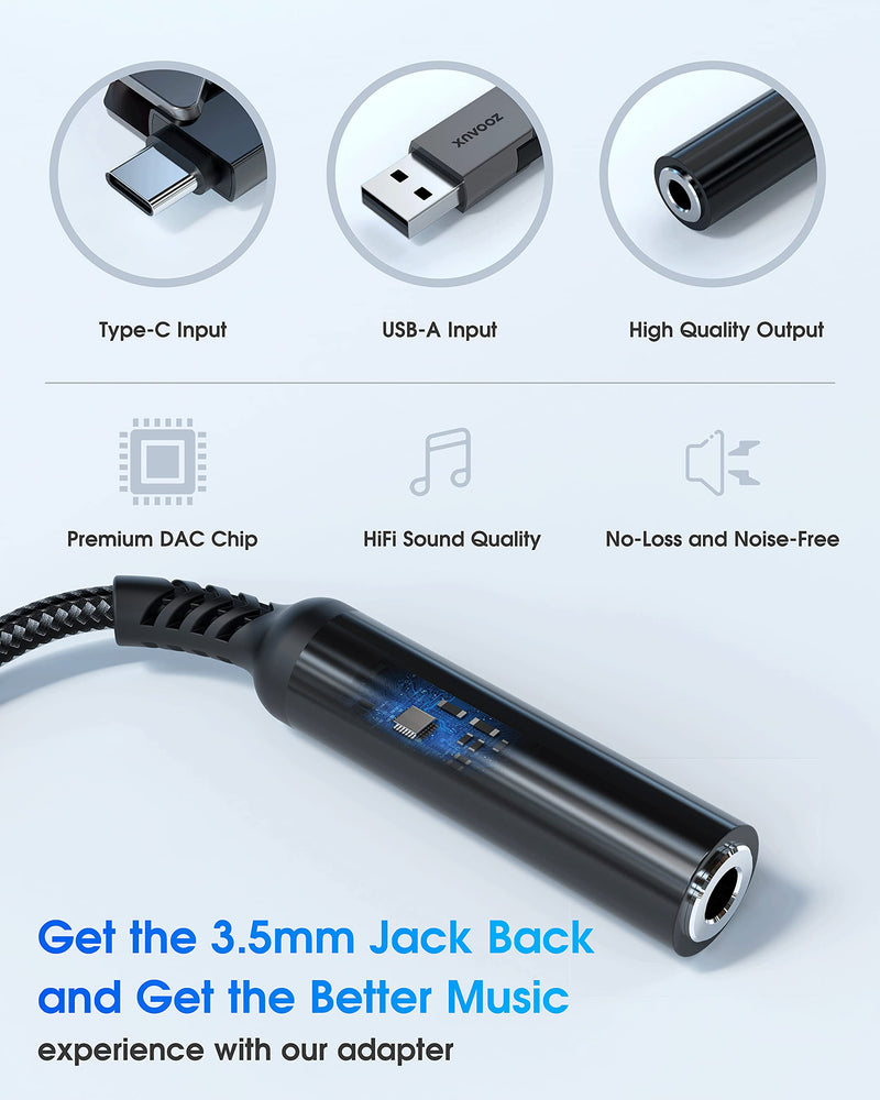  [AUSTRALIA] - USB Type C to 3.5mm Female Headphone Jack Adapter,ZOOAUX 2-in-1 USB A/C to Aux Audio Dongle Cable Cord,External Stereo Sound Card for Headphone Mac PS4 PC Laptop,Samsung S22 S21 S20 Pixel 4 iPad Pro.