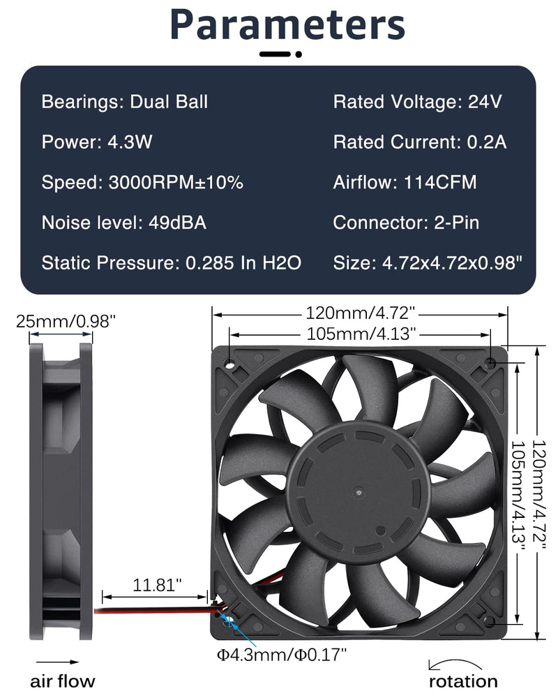  [AUSTRALIA] - GDSTIME 24V DC Brushless Cooling Fan, 120mm Case Fan, Dual Ball Bearings 120mm x 120mm x 25mm Cooler Fan