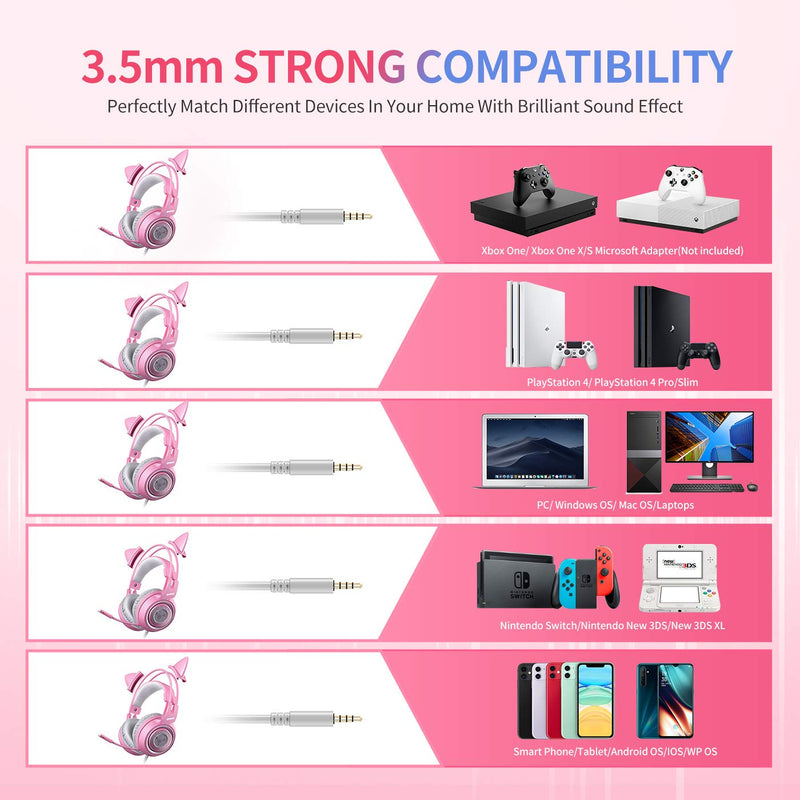 SOMIC G951s Pink Stereo Gaming Headset with Mic for PS4, Xbox One, PC, Mobile Phone, 3.5MM Sound Detachable Cat Ear Headphones Lightweight Self-Adjusting Over Ear Headphones for Women - LeoForward Australia